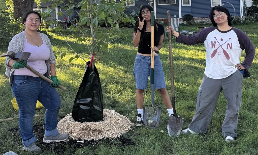 Urban Roots youth interns posing by a newly-planted tree